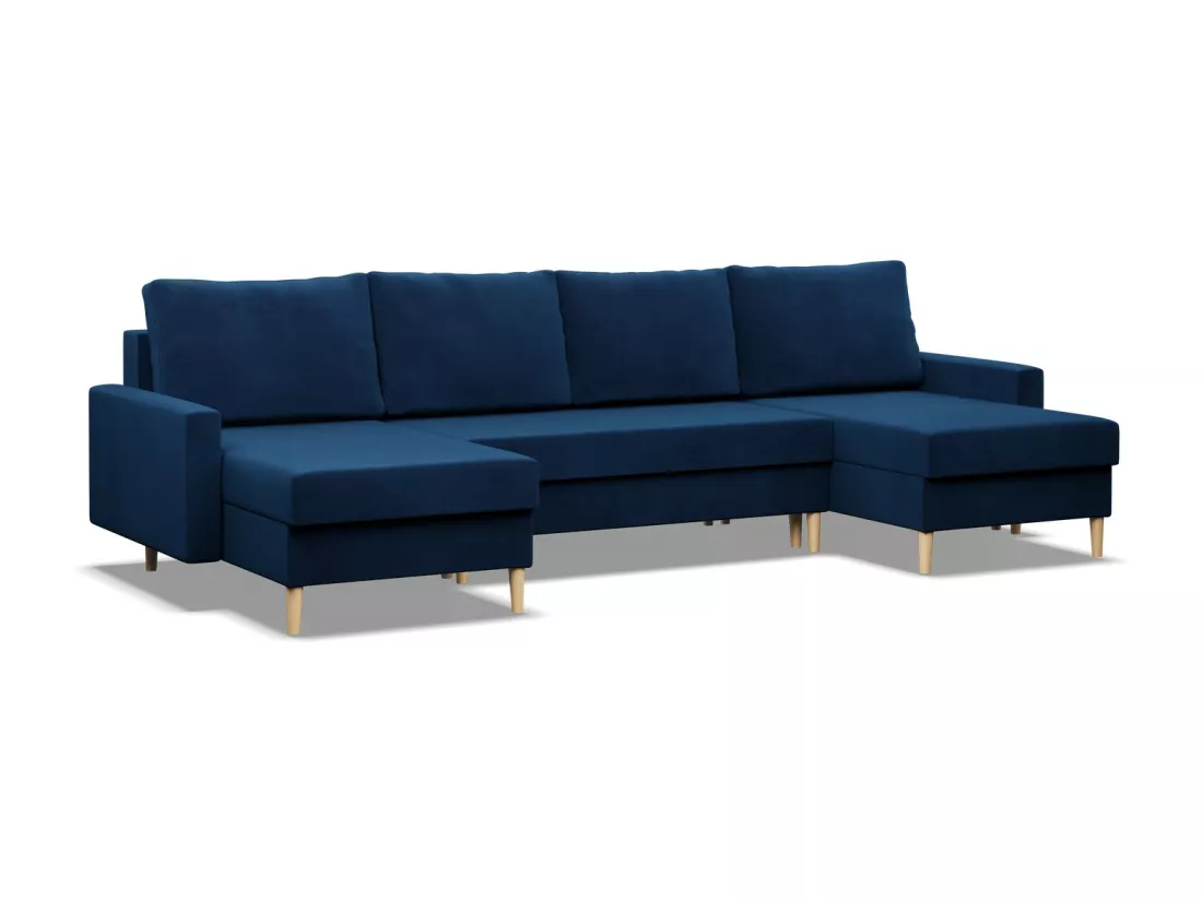 Grand Canapé d'angle en U avec fonction sommeil, Coussin réversible, Bleu foncé