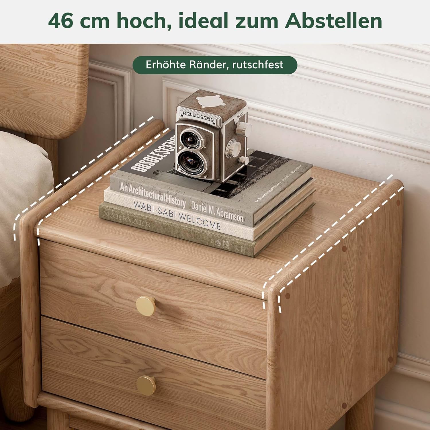 YESWOOD Massivholz Nachttisch mit 2 Schubladen, Nachtschrank aus Eschenholz, Vintage nachttisch, klassisches Design, für Schlafzimmer, bietet Stauraum, 40 x 36 x 46 cm, Naturholzfarbe