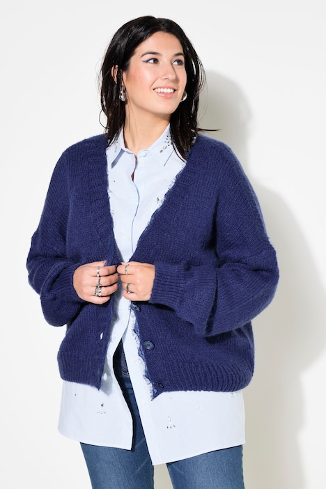 Strickjacke, oversized, Spitzenkante, Langarm