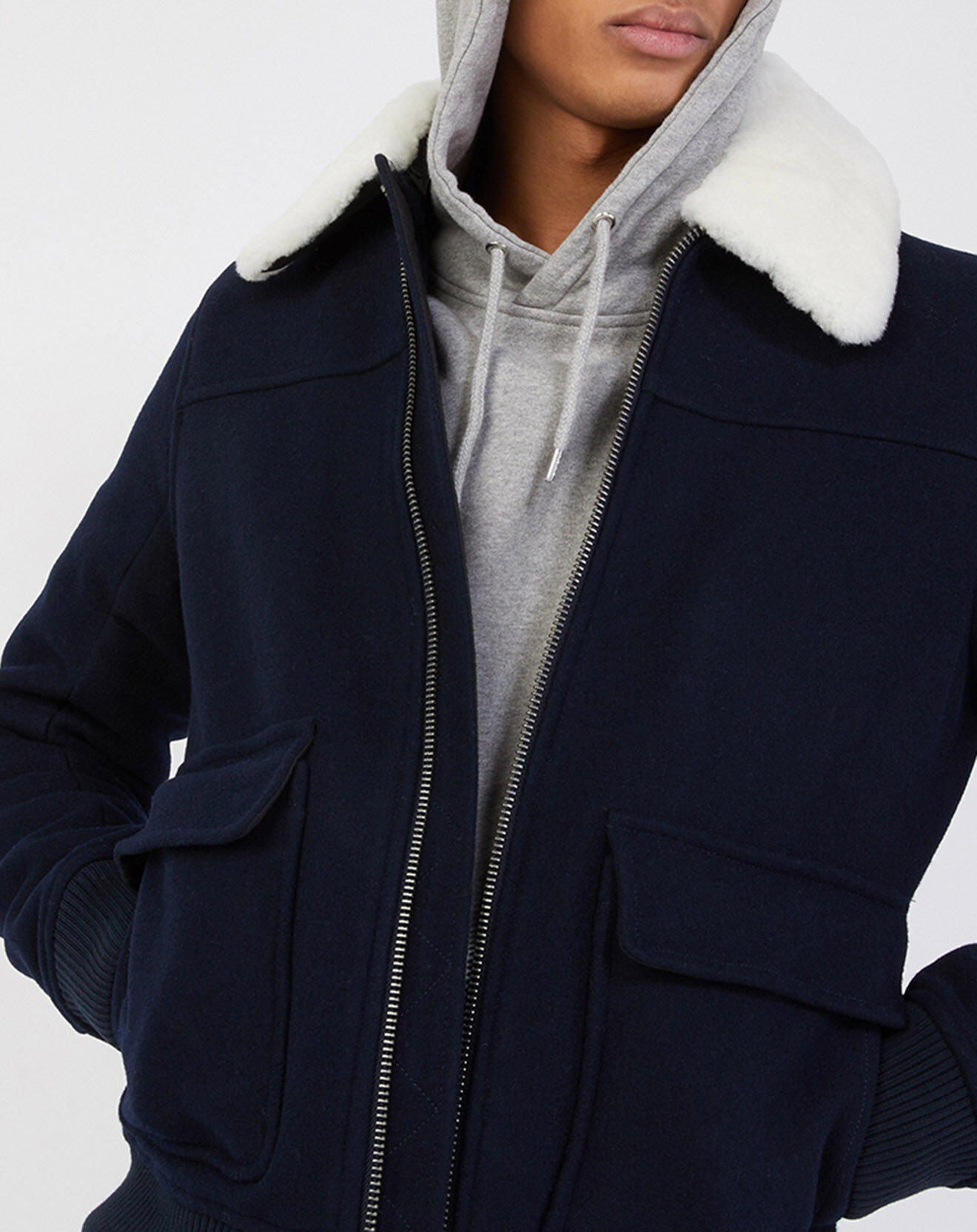Galeries Lafayette Blouson zippé en Laine mélangée Pilot bleu marine