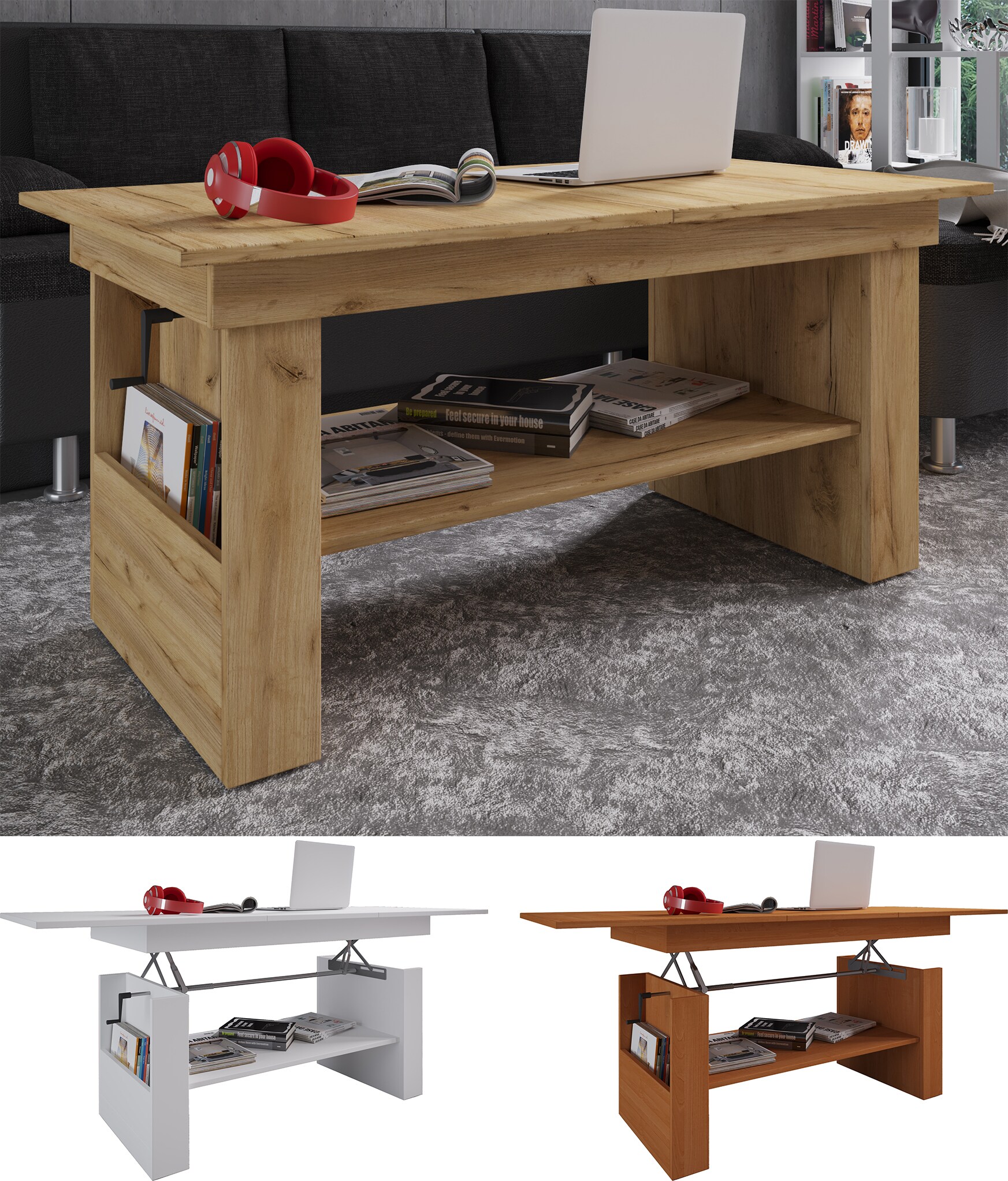 VCM Holz Couchtisch Sofatisch Wohnzimmertisch Kobila höhenverstellbar ausziehbar