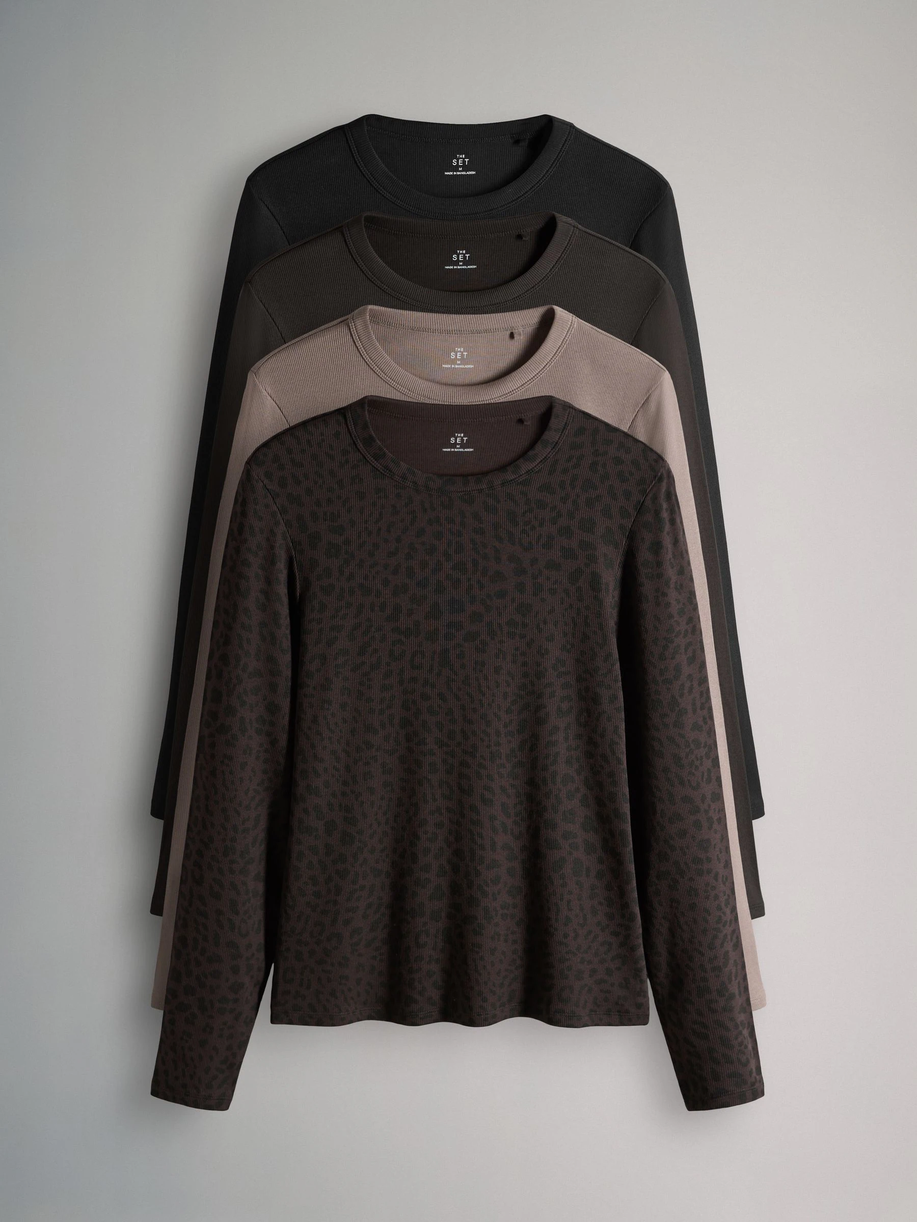 Black/Animal/Chocolate Brown/Taupe Brown - The Set van 4 geribde T-shirts met lange mouwen