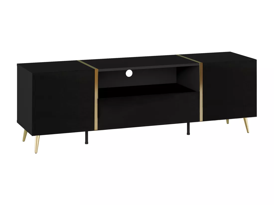 Meuble TV avec 2 portes, 1 tiroir et 1 niche - Noir brillant et Doré - MARZIALO