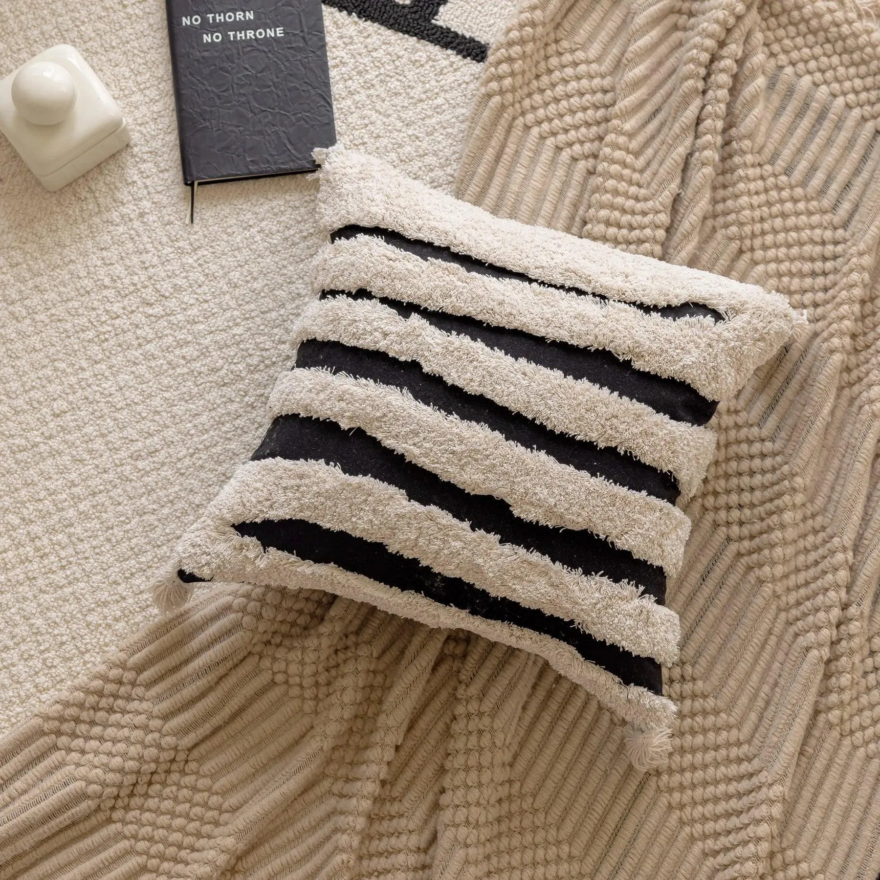 Boho Geometric Stripes Tufted Cushion Cover | Beige Black Tassel Throw Pillow Covers Decorative Pillowcase | For Bed Sofa Couch