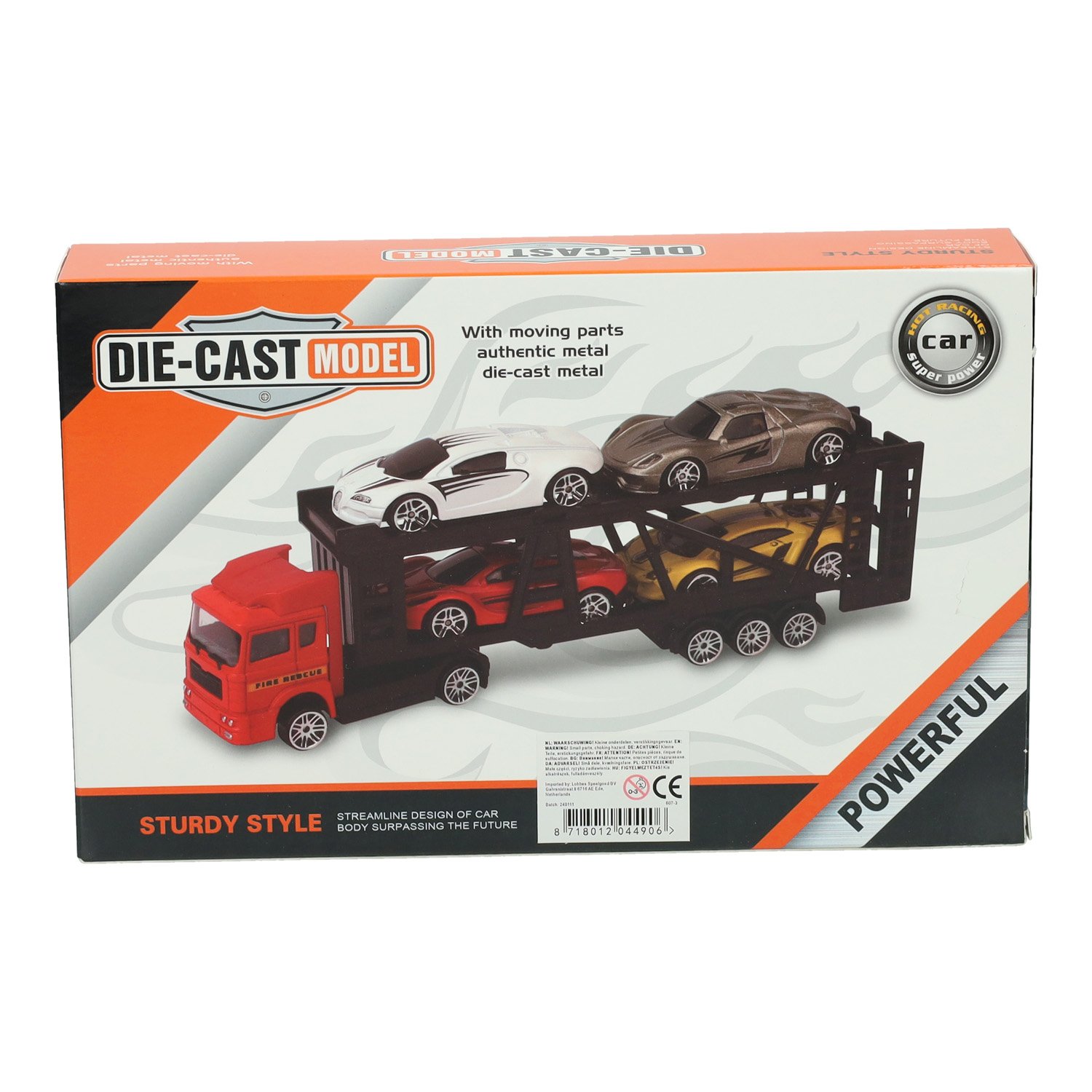 Die-cast Transporter met 4 metalen auto's