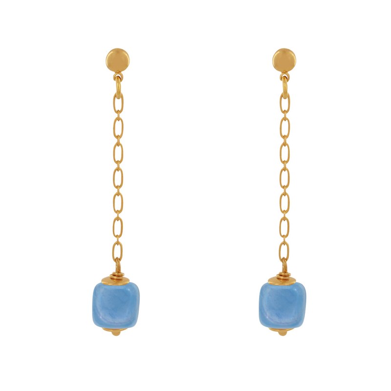 Boucles d'Oreilles Chainette Laiton Doré et Cube en Céramique