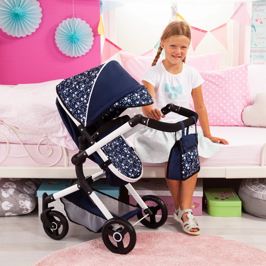 bayer Design Kombi-Puppenwagen Neo Vario blau mit Herzen