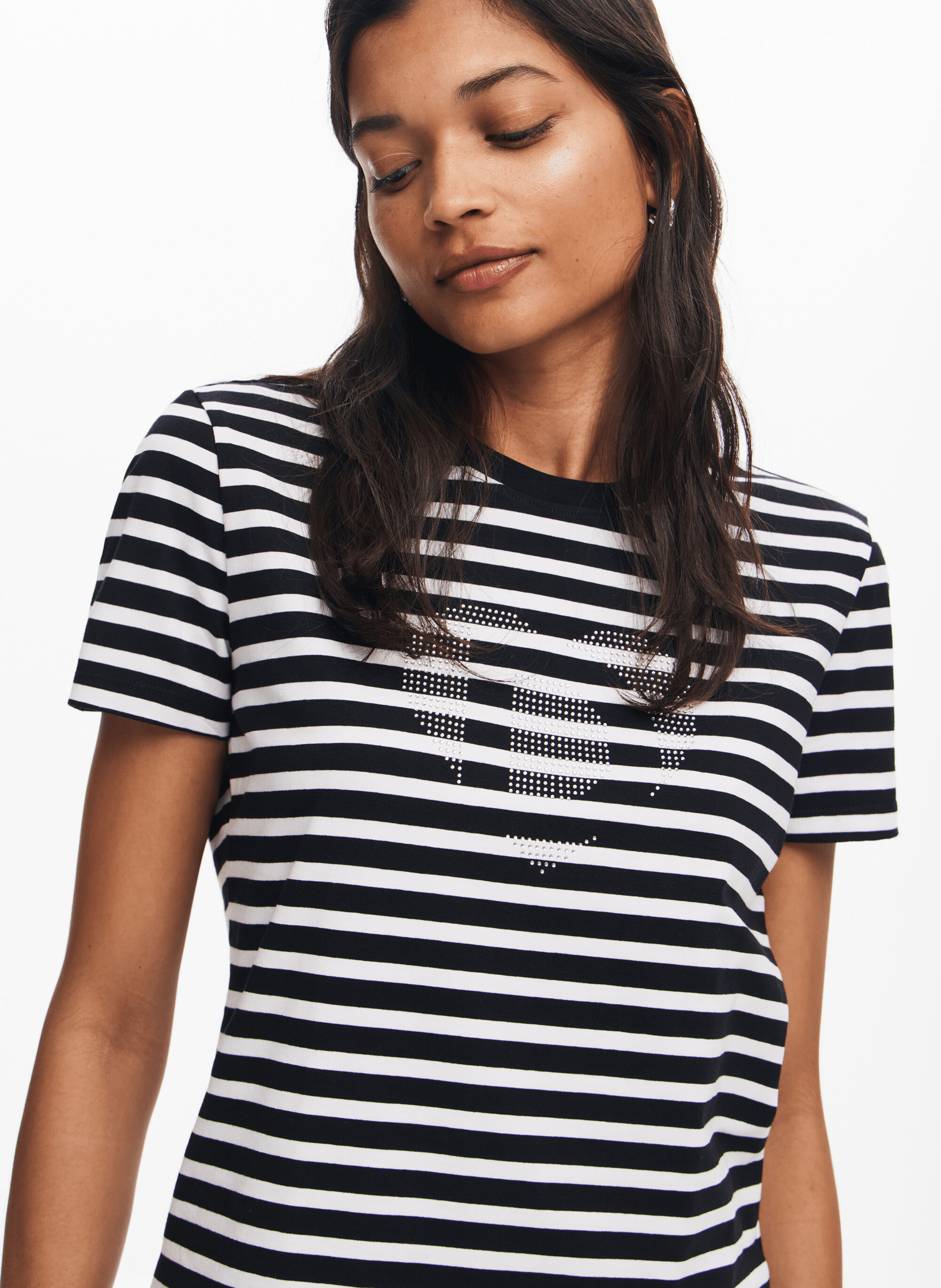 Tee-shirt col rond droit en coton mélangé rayé | Blanc