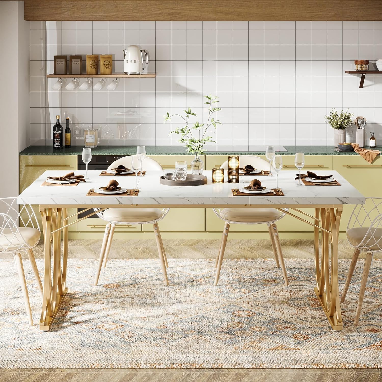 Tribesigns Moderner Esstisch für 6 Personen, Tisch Wohnzimmer, 160 x 80 x 75 cm, Rechteckig, Küchentisch, Esstisch für Esszimmer und Küche, Wohnzimmer, Moderner-Design, Weiß und Gold