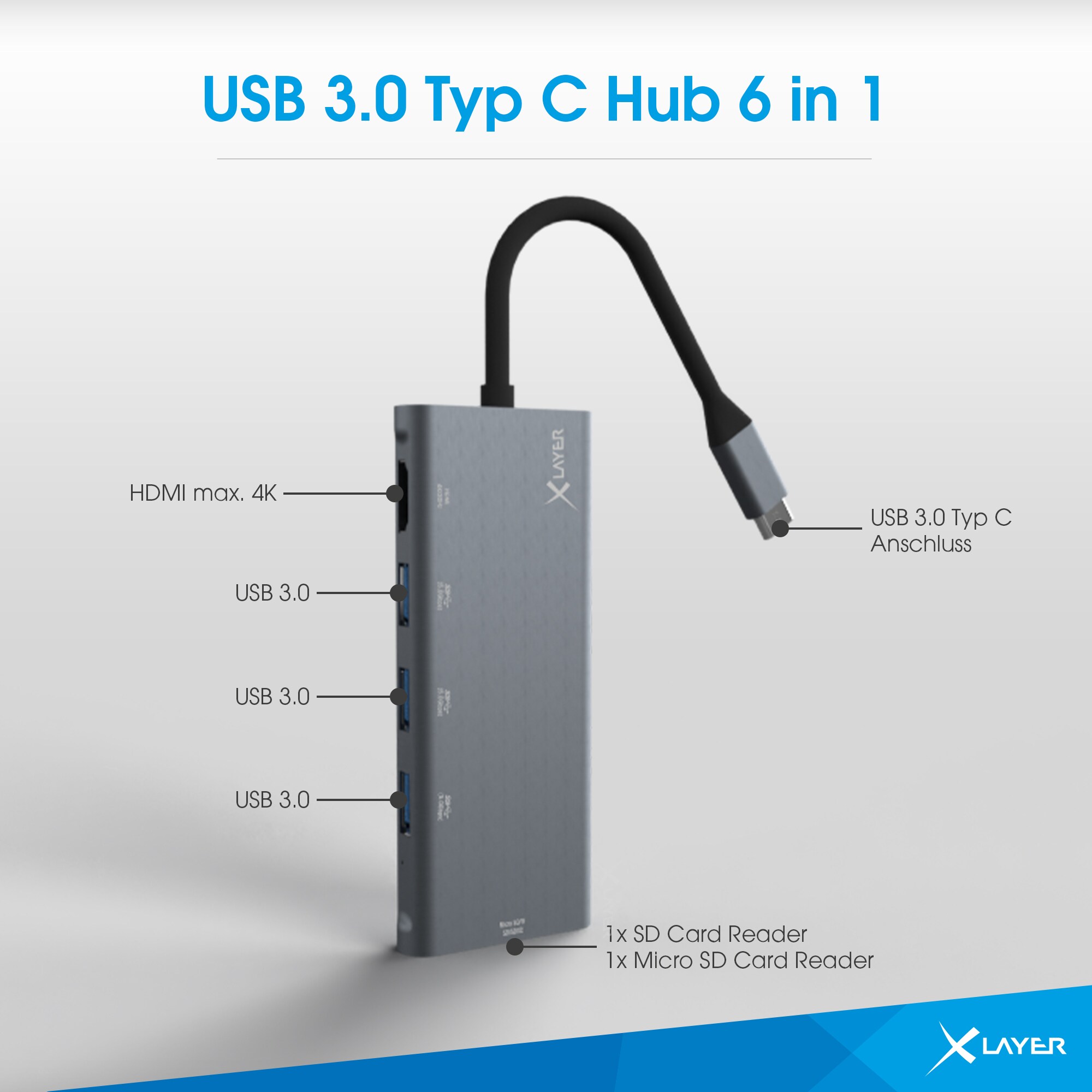 Xlayer USBDEVICE USB 3.0 HUB XLayer Typ C 6-IN-1 Grey