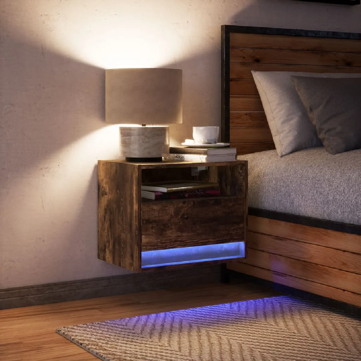 vidaXL Table de Chevet Murale LED - Chêne Fumé