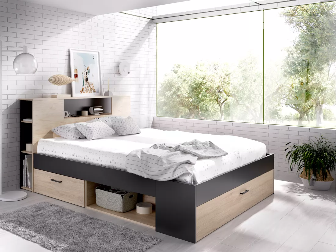 Lit avec tête de lit rangements et tiroirs - 180 x 200 cm - Coloris : Naturel et anthracite + Sommier - LEANDRE