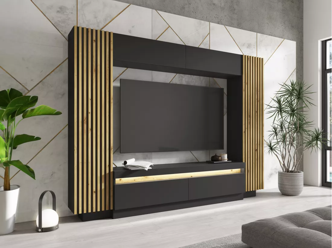 Mur TV avec rangements - LEDs - Noir et Naturel - LIONEA