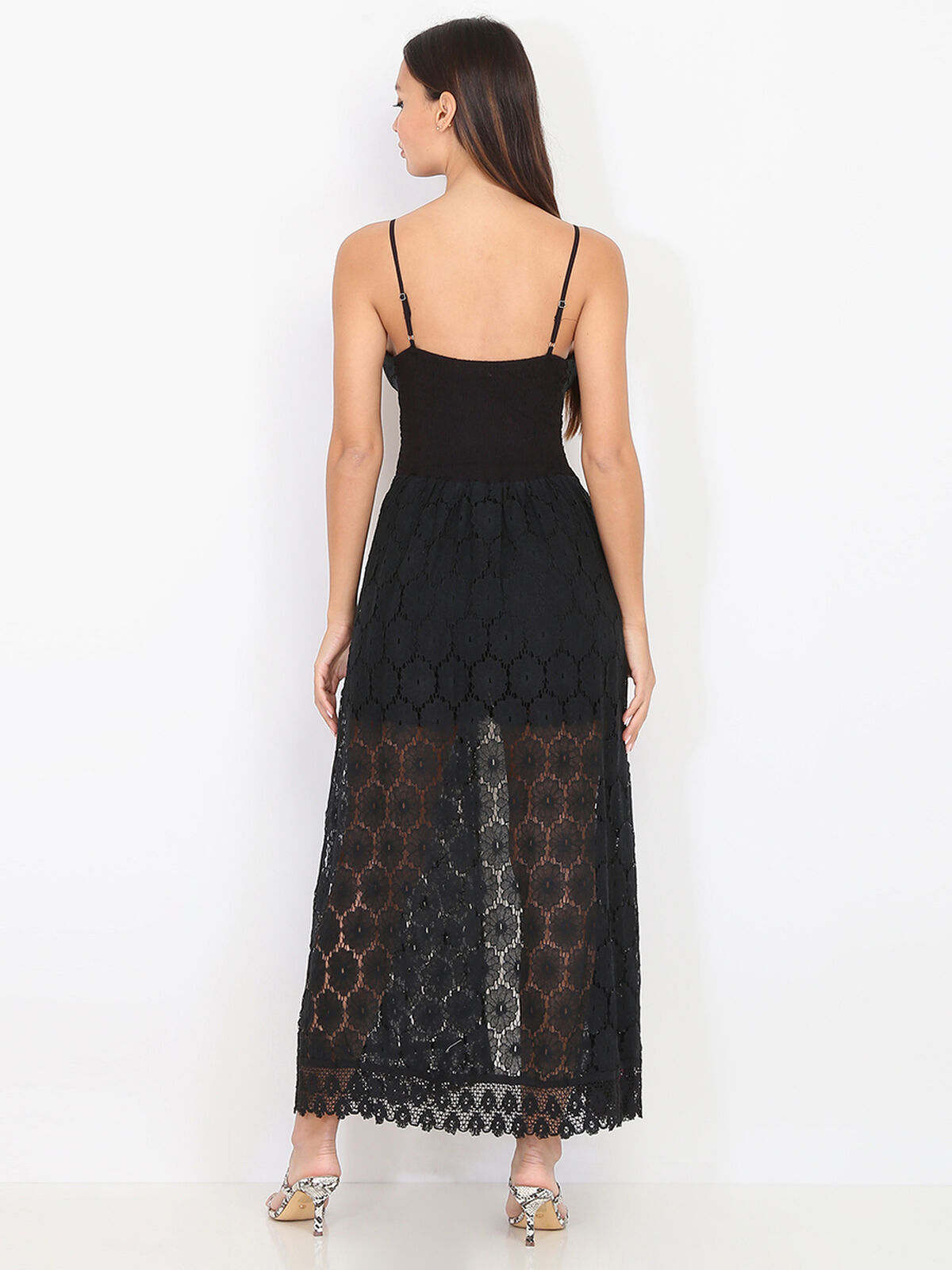 Combi-short avec jupe longue fendue en dentelle- Noir