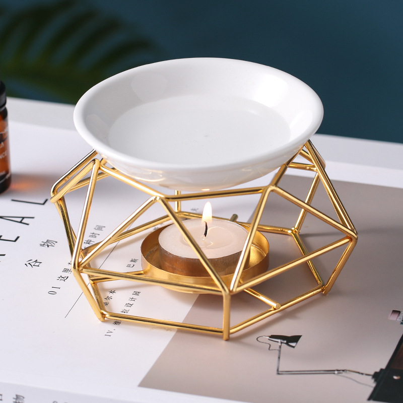 Keramik Aroma Duftlampe mit Edelstahl Teelicht Halterung - Gold / Weiss