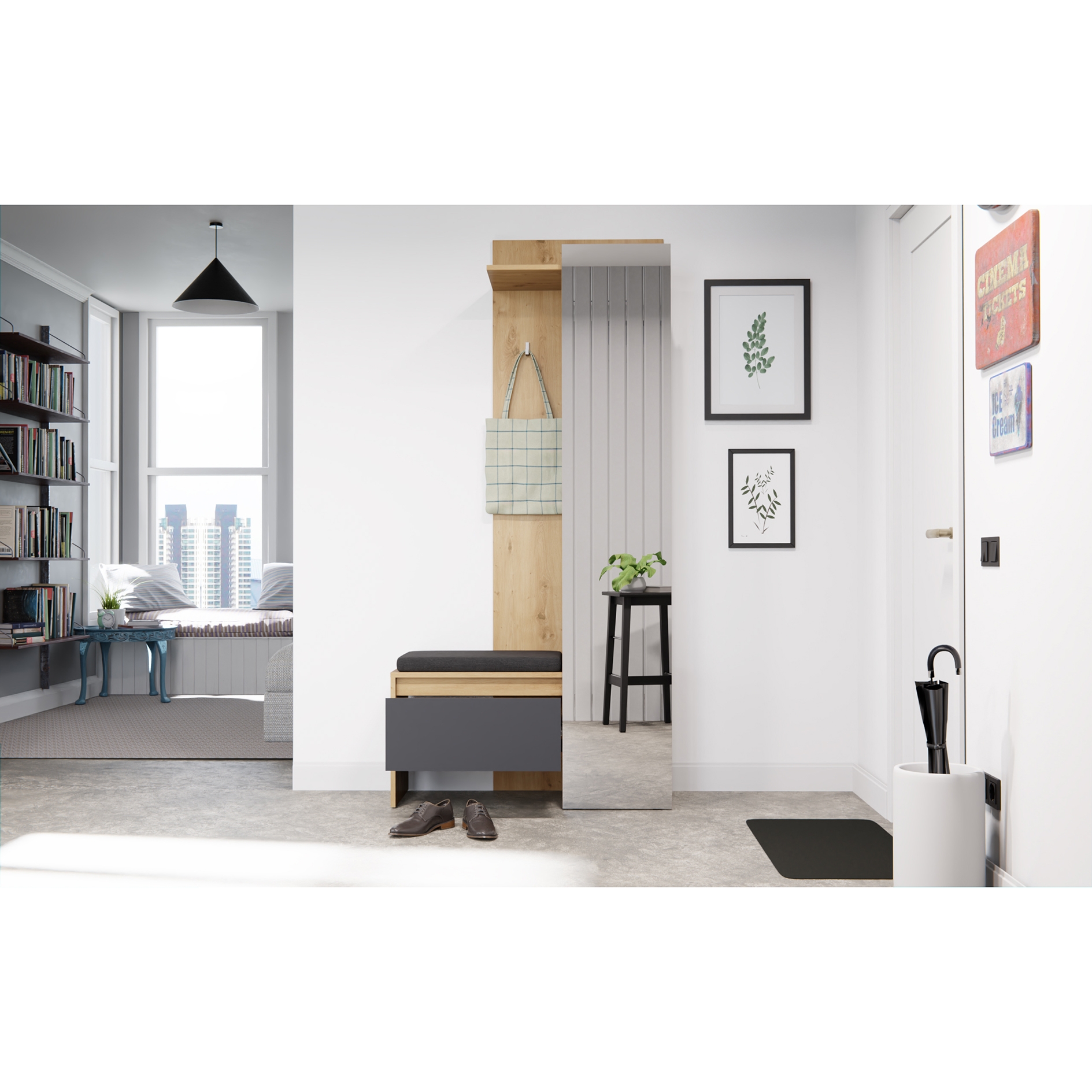 Kompaktgarderobe TORINO - Eiche-grau - mit Spiegel