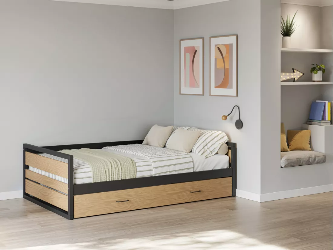 Lit gigogne 120 x 200 et 90 x 200 cm - MDF, Pin et métal - Naturel et anthracite + Matelas - BOSTON