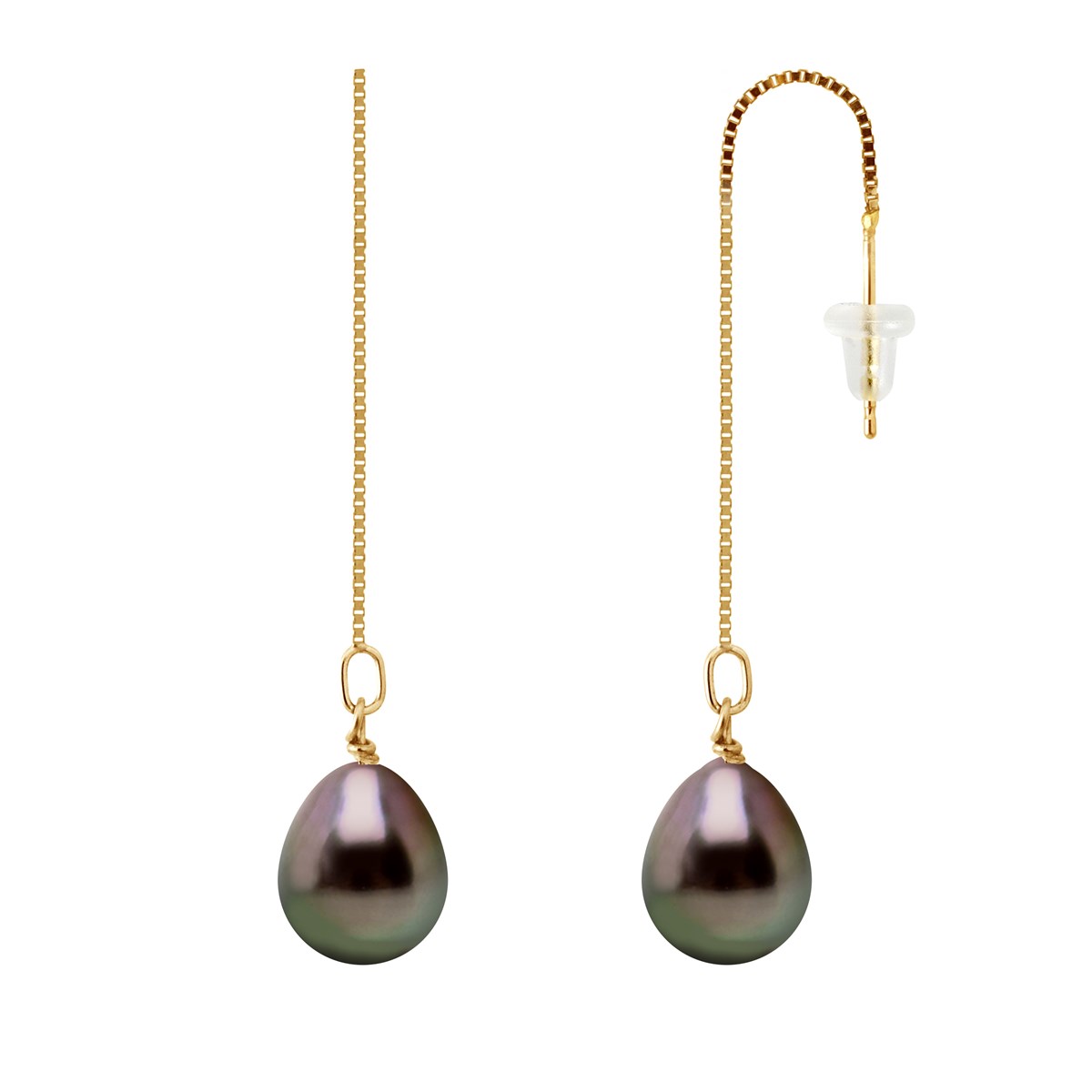 Boucles d'Oreilles Chaînes Pendantes Perles de Tahiti 8-9 mm Or Jaune