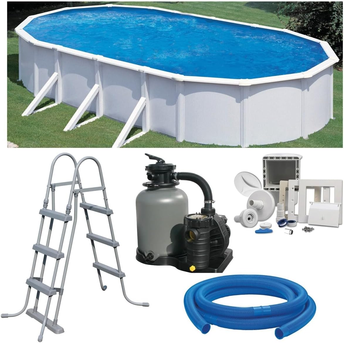 Planet Pool Premium Ovalpool-Set 7,30 x 3,75 x 1,20 m, frei aufstellbar, feuerverzinkte Stahlwand, UV-stabilisierte Innenhülle, Skimmer, Sandfilter mit 6 m³/h und 6-Wege-Ventil, Sicherheitsleiter