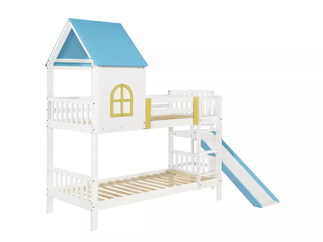 Lit superposé pour enfants 90x200 cm, avec toit, fenêtre, rails, toboggan, blanc + bleu