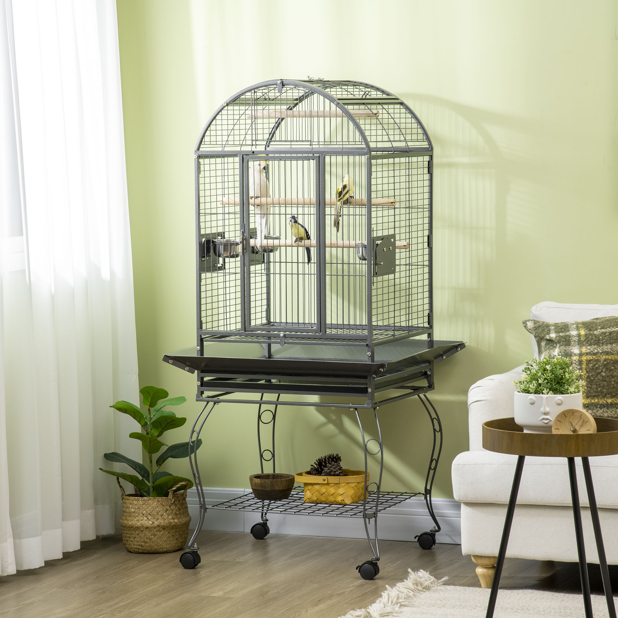 Gaiola para pássaros PawHut, viveiro de metal para pássaros, 80x76,5x168 cm com 2 portas, teto articulado, poleiros, bandeja removível, 2 comedouros e 4 rodas, cinza escuro.