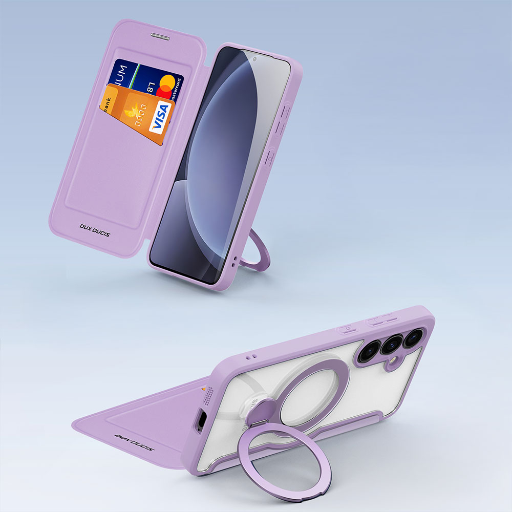 Samsung Galaxy S25 Hybrid Leder Tasche Kickstand Aufsteller   Kunststoff Rückseite MagSafe-Modul - Lila / Transparent
