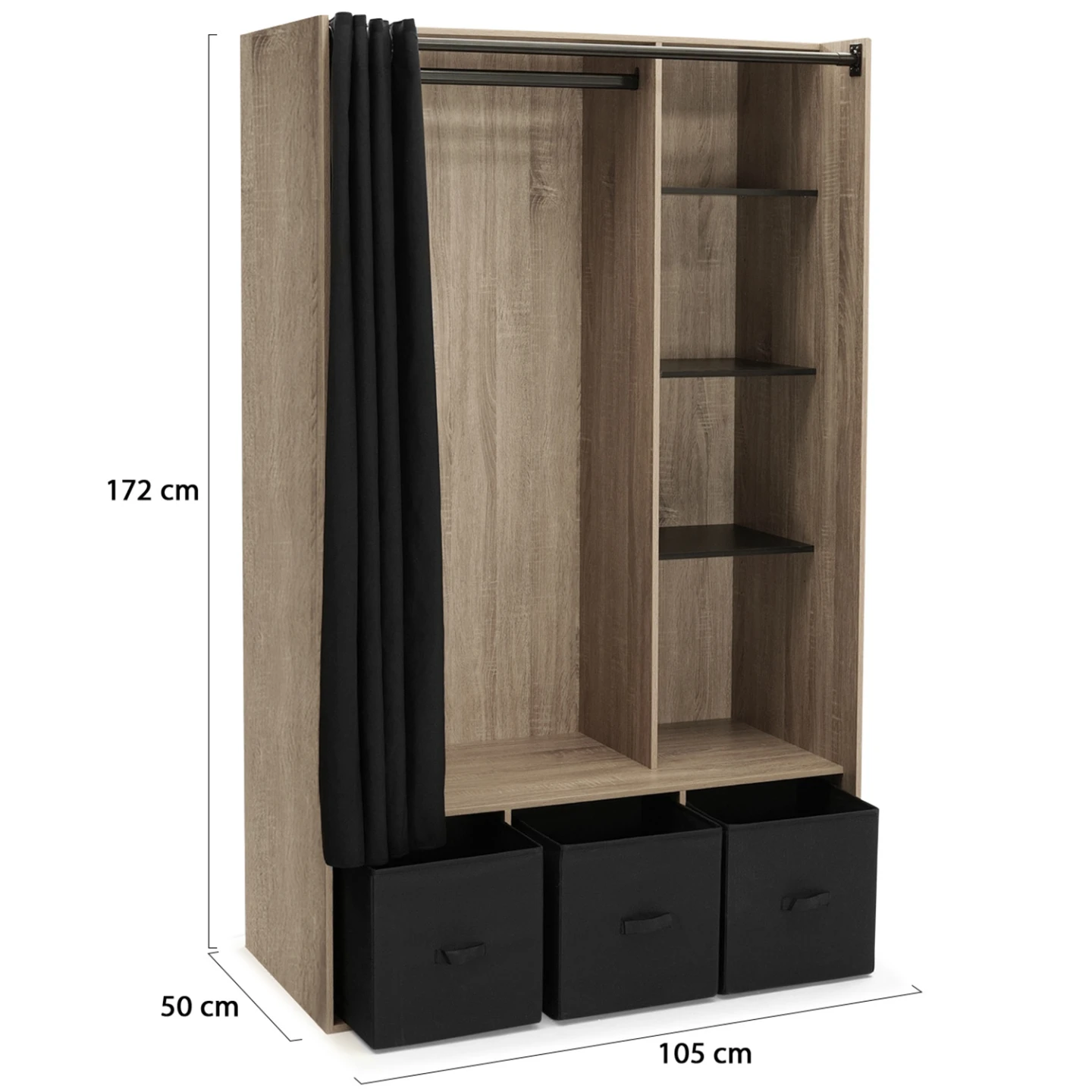 Dressing penderie DIANE 105 x 50 x 172 cm hêtre avec étagères + boites de rangement + rideau noir