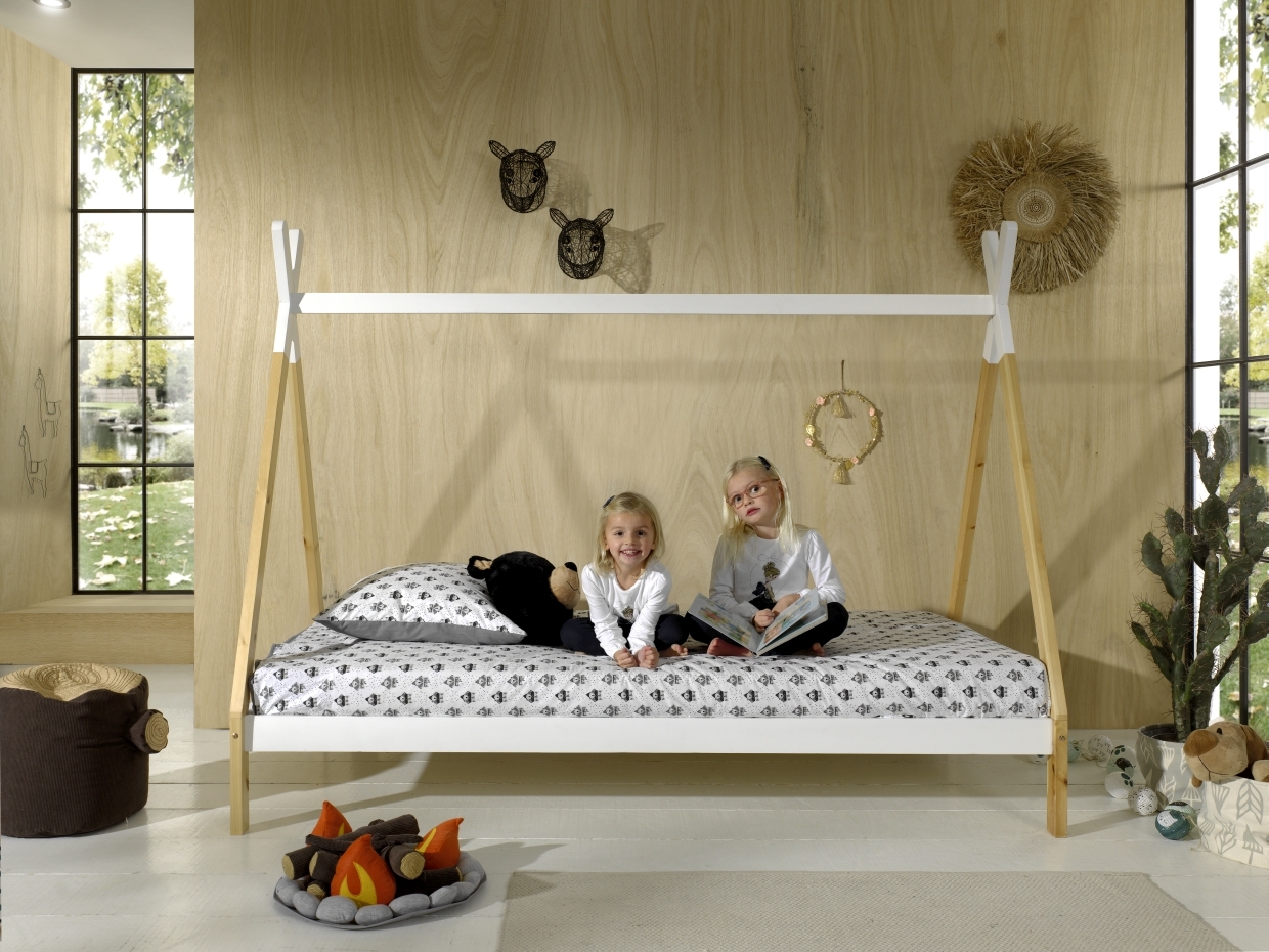 Tipi-Zelt-Bett - weiß-natur - Rolllattenrost - 90x200 cm