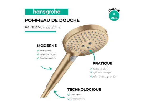 Pommeau de douche HANSGROHE Raindance Select S EcoSmart 120 3 jets bronze brossé + flexible de douche HANSGROHE Designflex 125 cm bronze brossé