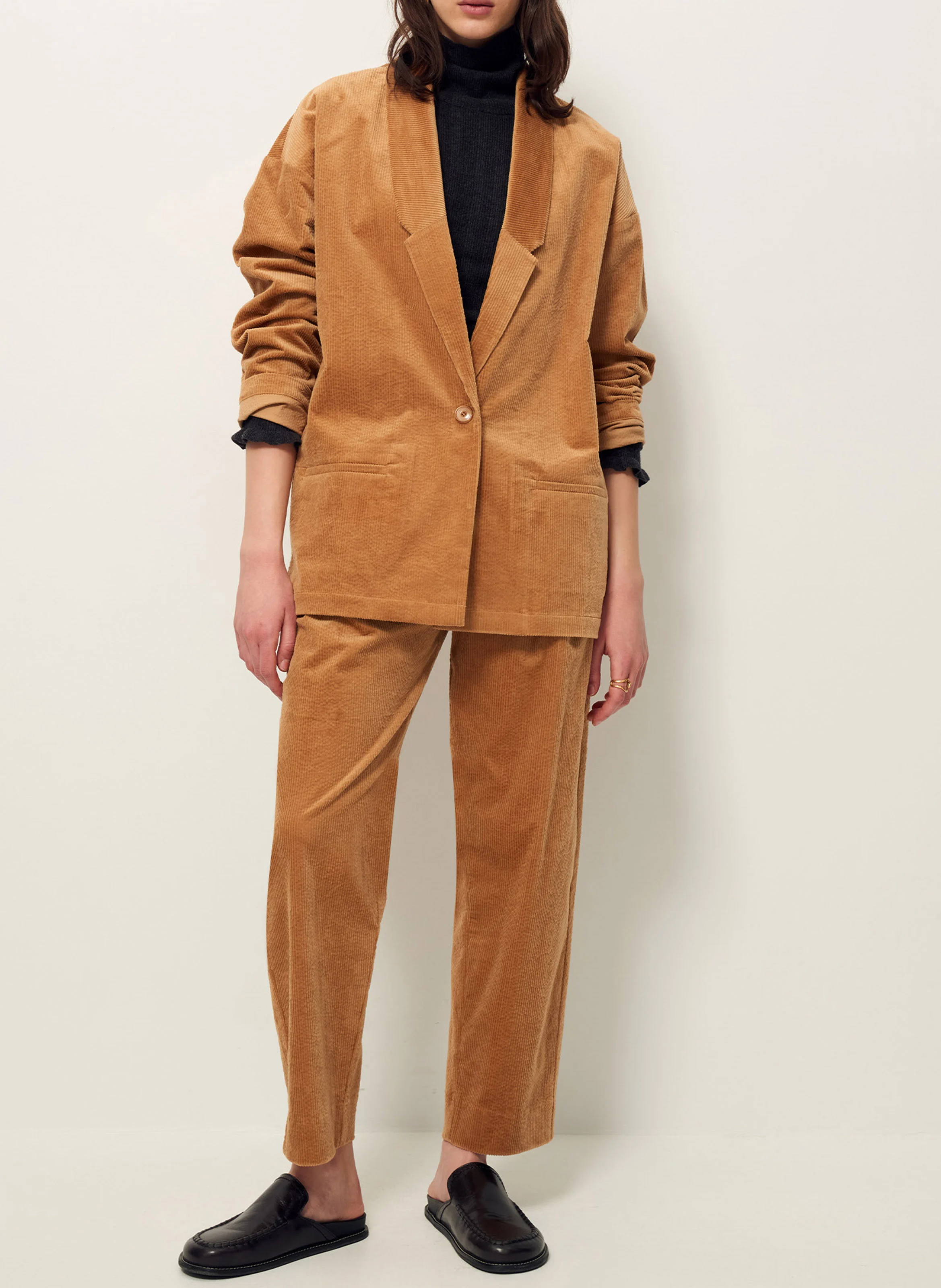 Veste col tailleur droite en coton | Beige