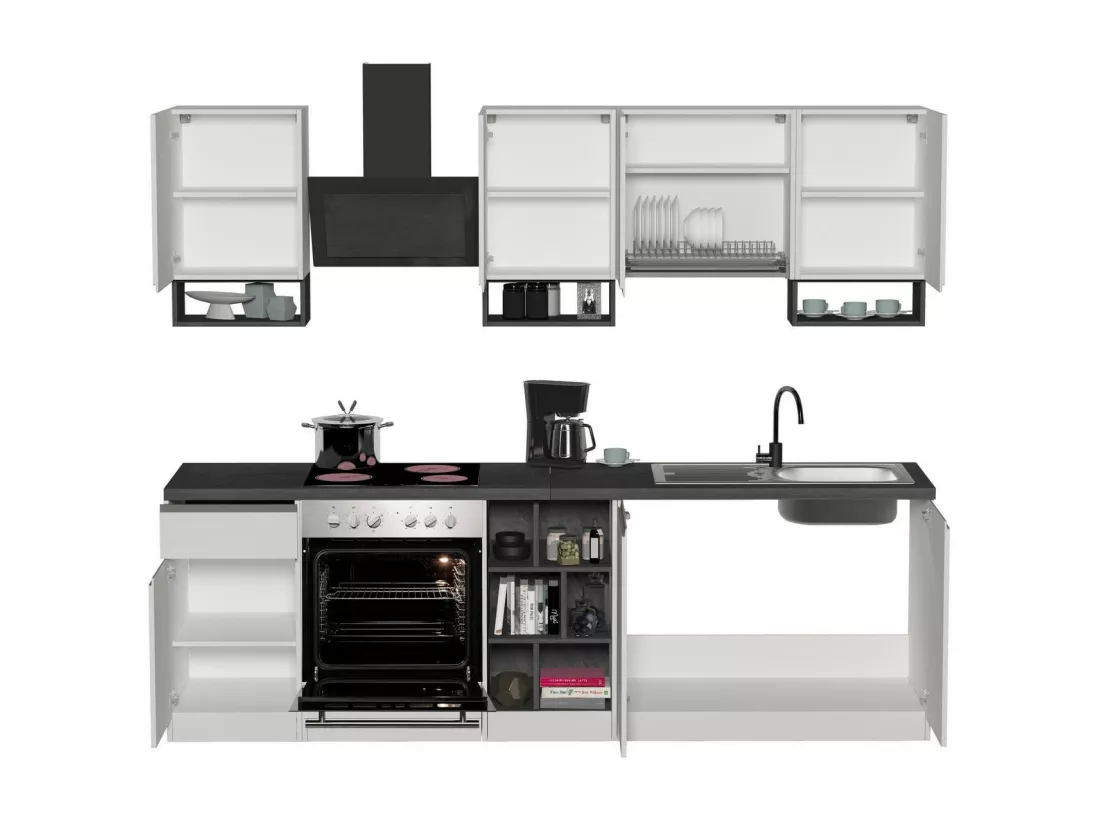 Cuisine complète Dcelient, Ensemble avec garde-manger, Meuble de kitchenette, Kit bloc linéaire, 100% Made in Italy, 255x60h85 cm, Blanc brillant et ardoise