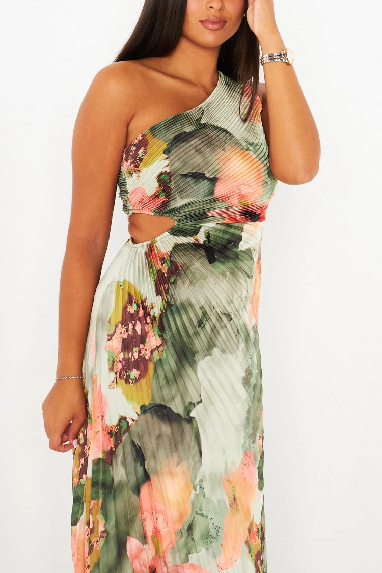 Robe kaki one shoulder plissées et fleurie