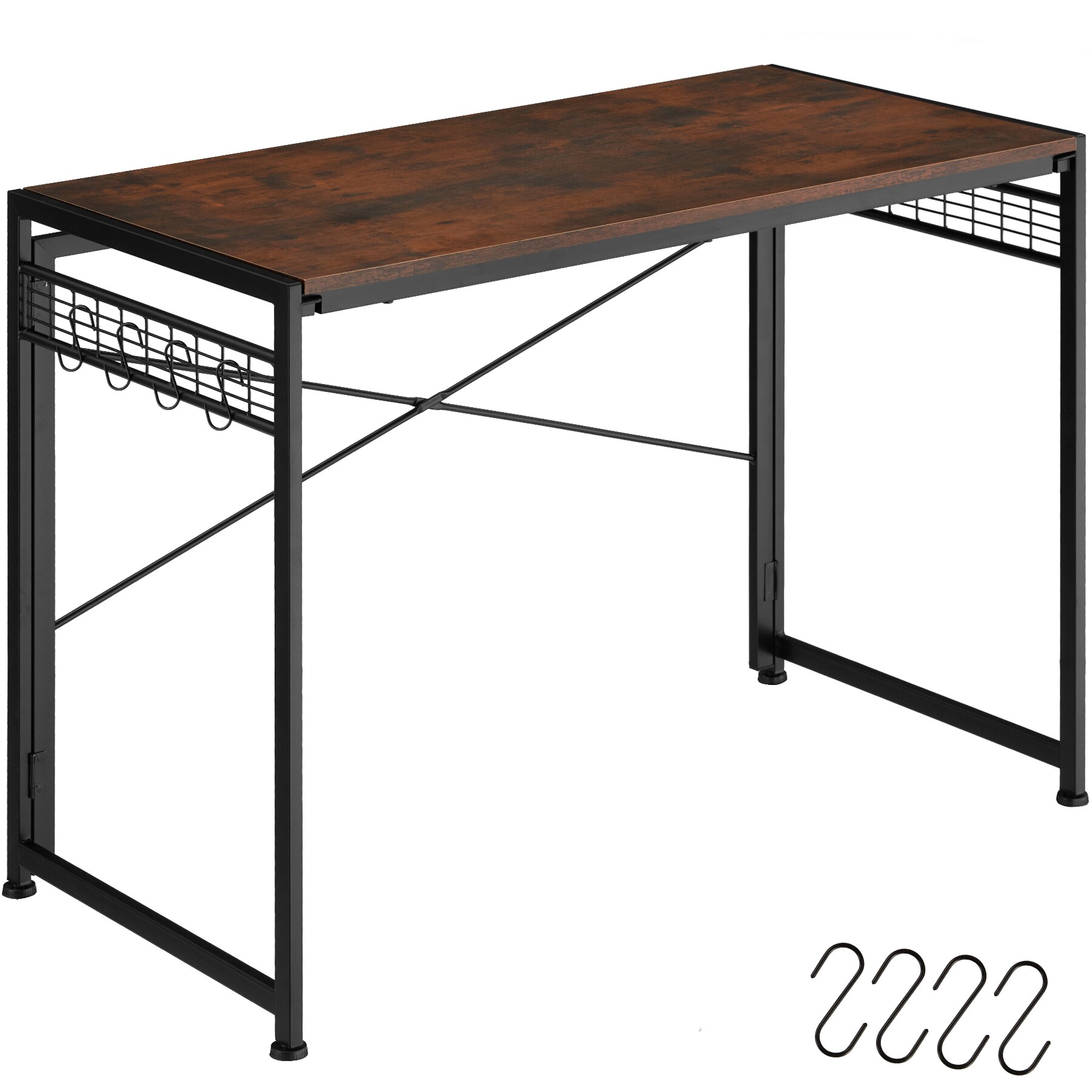 tectake® Schreibtisch, Industrial Style, klappbar, mit seitlichen Gitterflächen und 8 Haken, 102 x 51 x 77 cm