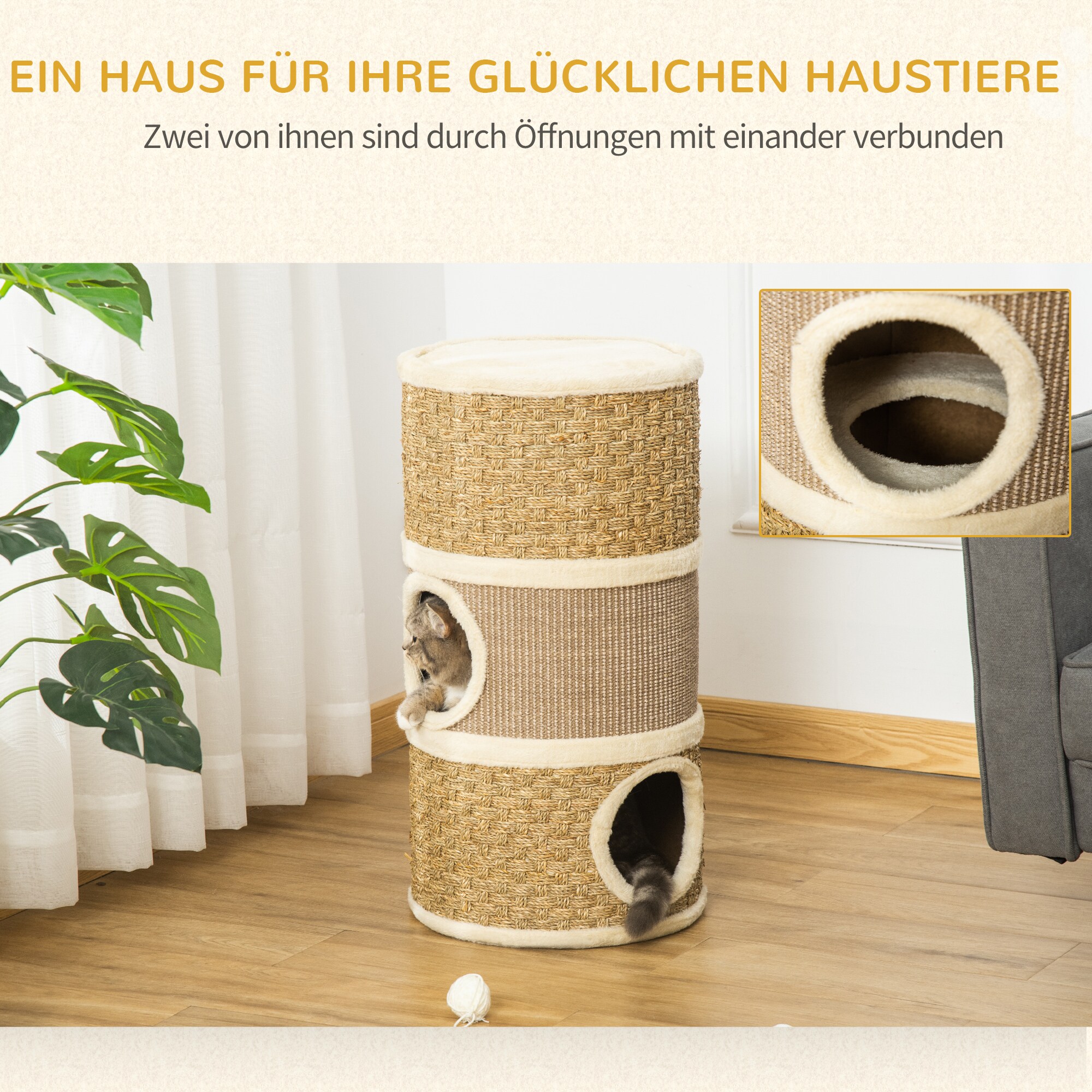 PawHut Katzenkratzturm 3 Stockwerke, Kratzbaum Khaki, Braun 37,5 x 37,5 x 70 cm (LxBxH)