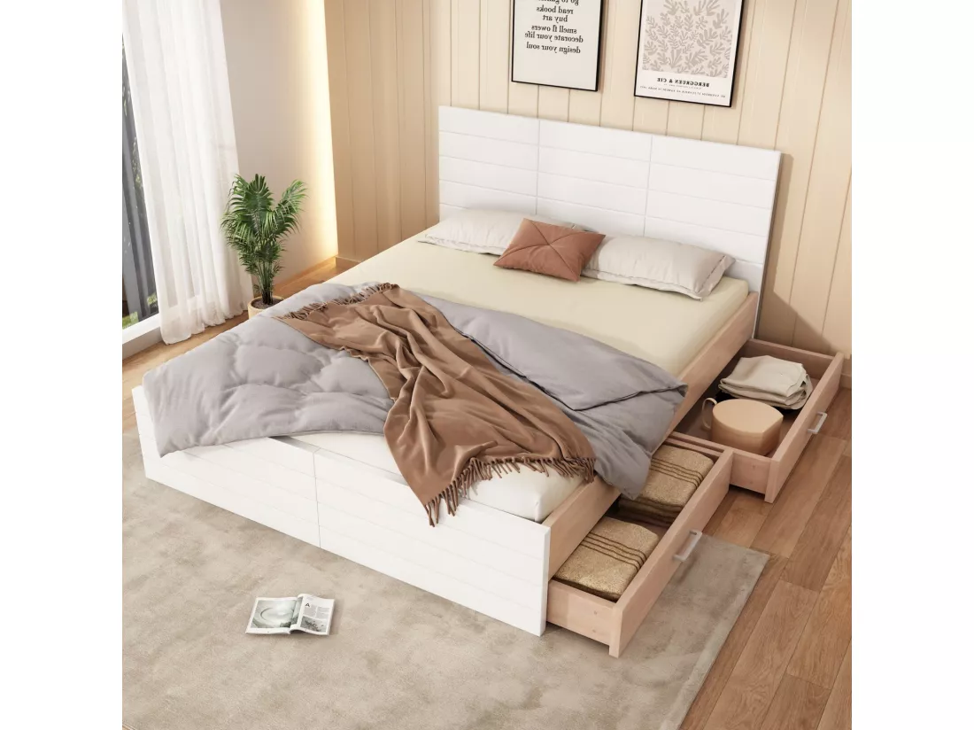 Lit avec rangements 180 × 200 cm - chêne - 2 tiroirs - blanc et grain de bois - 207×185x80cm