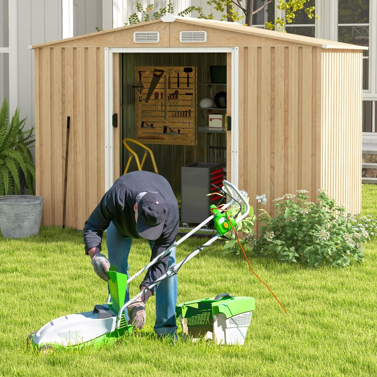 Abri de Rangement 259cm x196cm avec Base de Fondation Maison à Outils en Métal Galvanisé avec 4 Aérations Imperméable et Coupe-vent Naturel - Lidl-Manfred