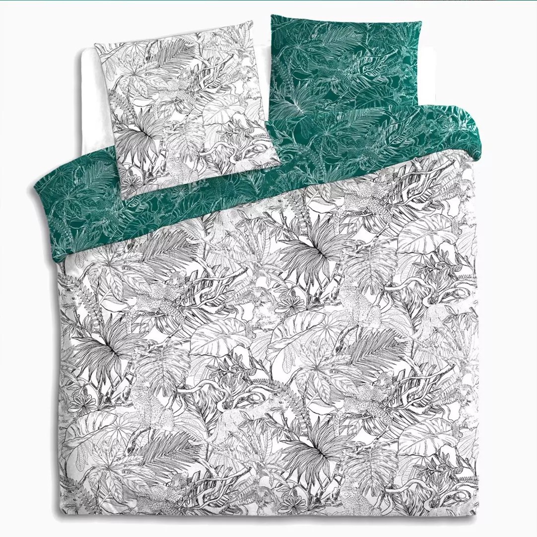 Housse de couette et deux taies coton (260 x 240 cm) Jungle Noire et Blanche