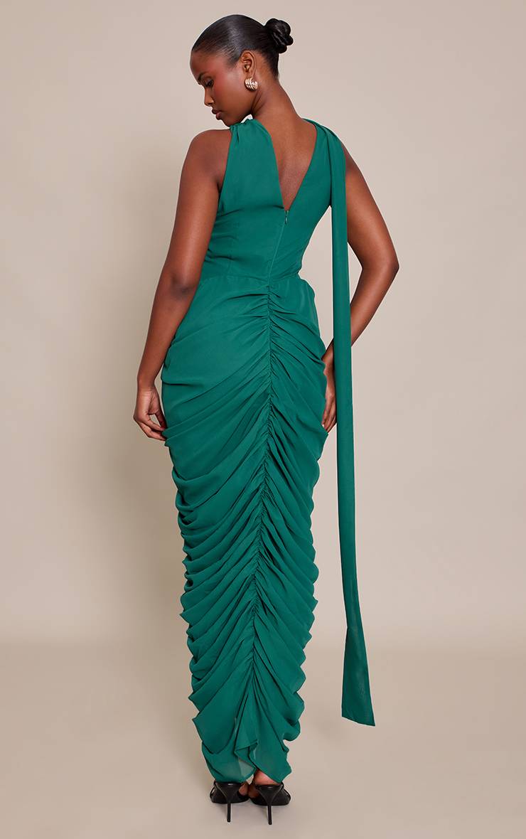 Vert Emeraude Robe Longue Froncée En Mousseline Avec Détail Foulard