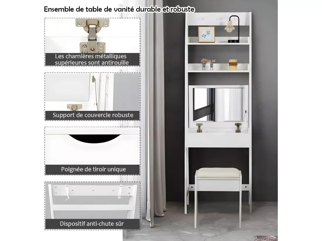 Coiffeuse avec Miroir Table de Maquillage Moderne avec Miroir, Tabouret, 2 Etagères, 3 crochets Table de Cosmétique en MDF pour Chambre, 61,5 x 40 x 180 Blanc