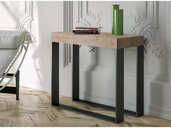 Console extensible bois et 2 pieds acier anthracite Elatra 90x40-196 ou 90x40-300-Couleur Naturel-Support 2 pieds-Rallonges 1 rallonge fine