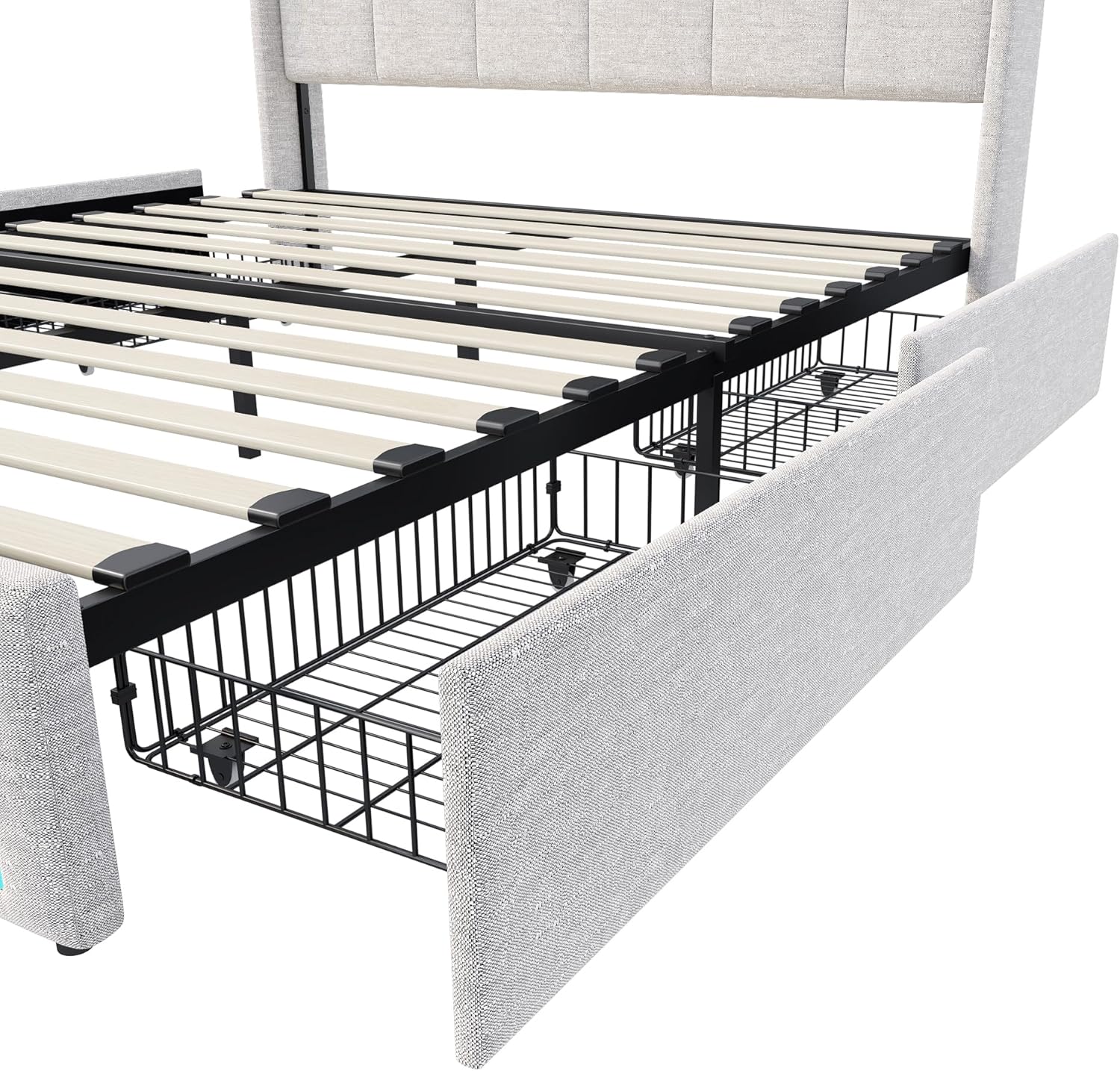 Doppelbett, gepolstert, 140 x 200 cm, Polsterbett mit 4 Schubladen, Boxbett mit Stauraum und Lattenrost, Kopfteil mit LED und USB, Bettgestell für Erwachsene, Jugendliche, Leinen (Beige, 140 x 200 cm)