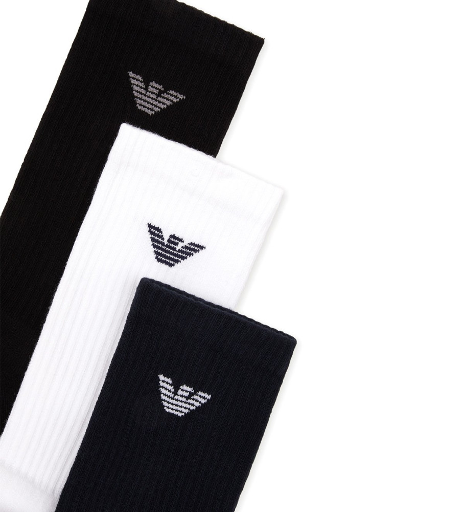 Emporio Armani - Pacote com 3 pares de meias curtas nas cores preto, branco e azul marinho.