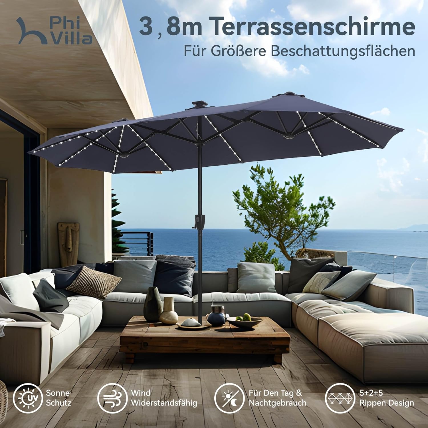 PHI VILLA Sonnenschirm Balkon Rechteckig Groß 380×200cm Balkonschirm Garten Gartenschirm mit LED Kurbel UV Schutz Parasol Windfest