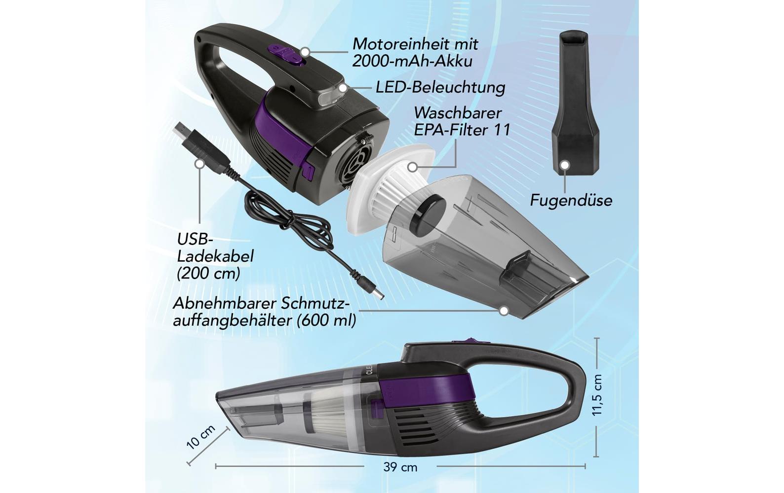 Akku-Handsauger Grau, Violett Grau, ViolettAkkustaubsauger, kabel- und beutellos – mit EPA-Filter und LED-Licht