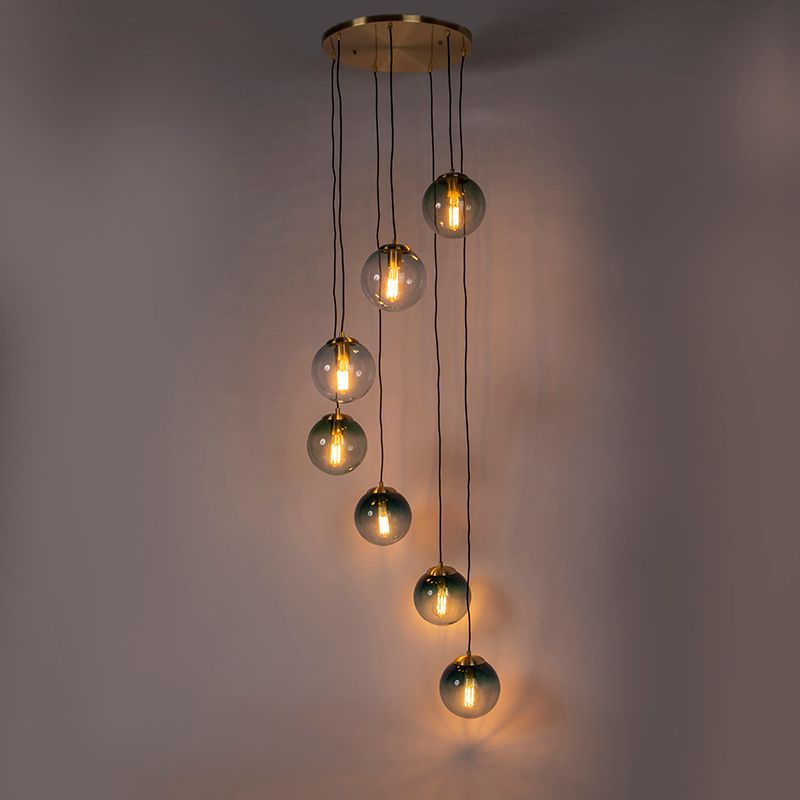 Art deco hanglamp messing met blauw glas 7-lichts - Pallon
