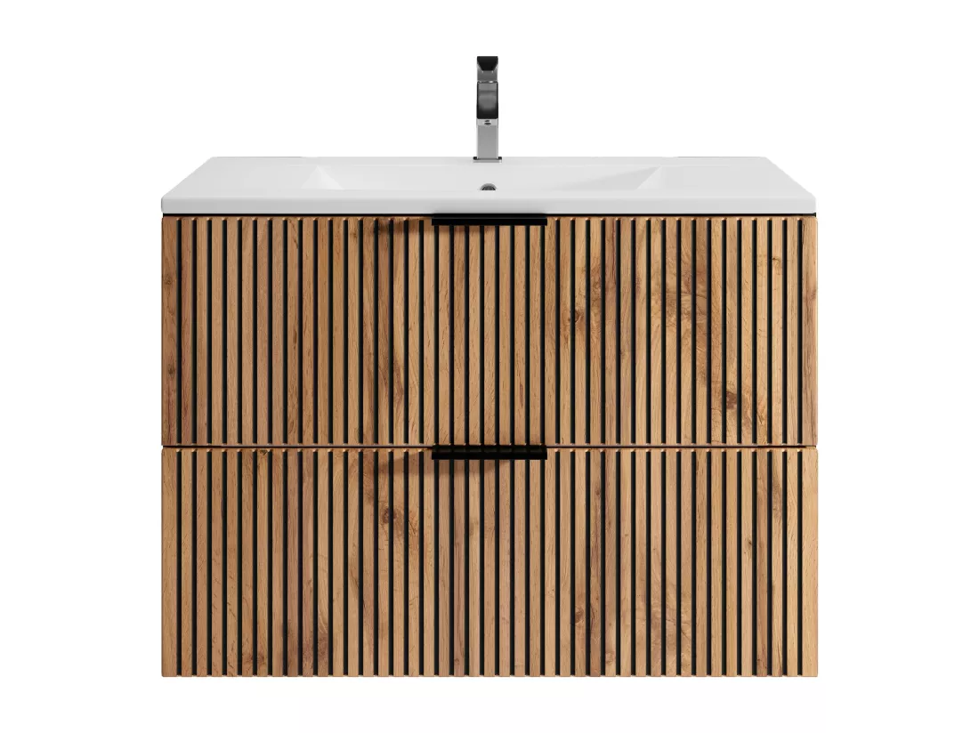 Meuble de salle de bain suspendu avec vasque à encastrer - Naturel clair et noir - 80 cm - MADELA