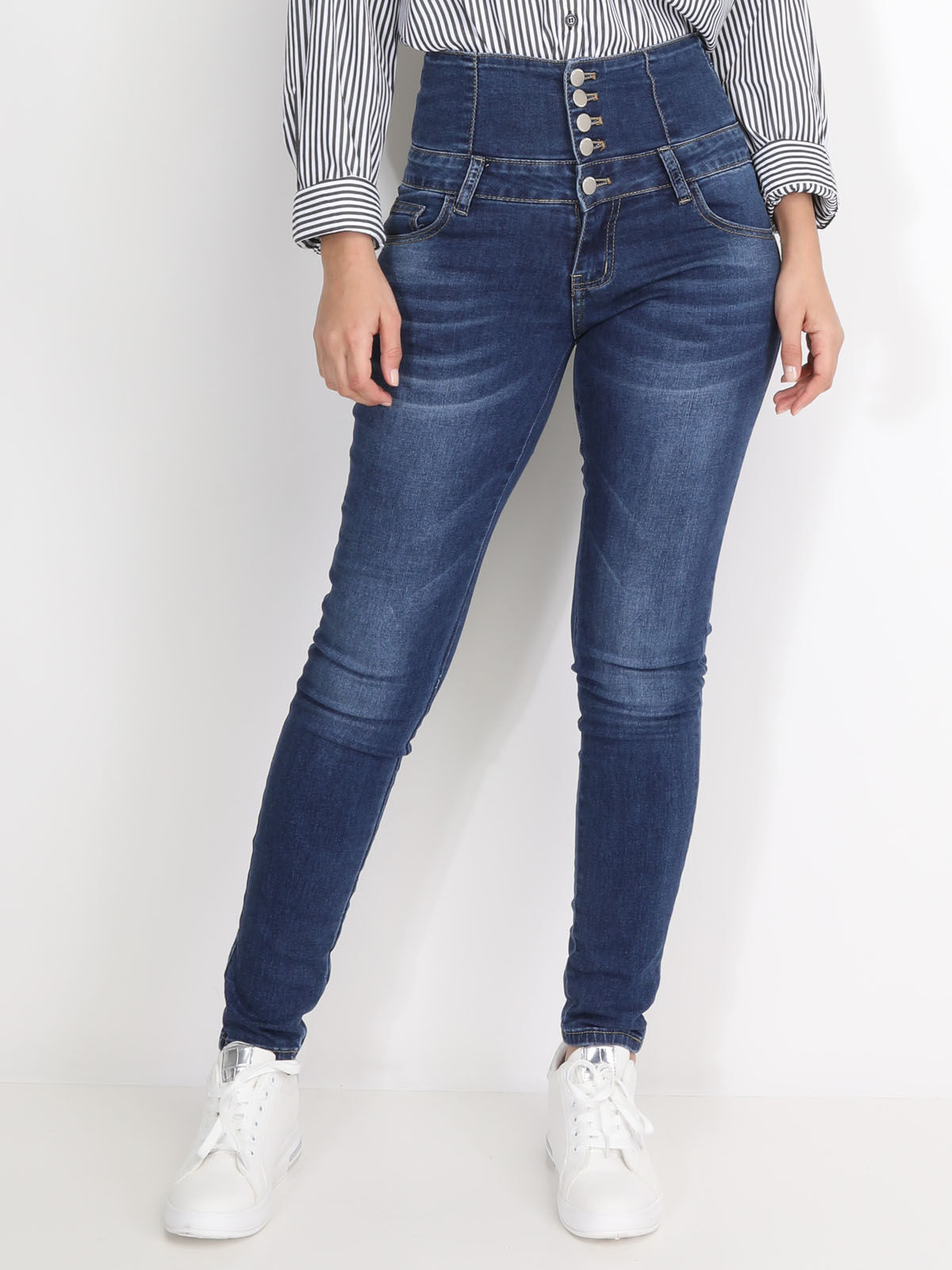 Jeans skinny délavé taille haute- Bleu