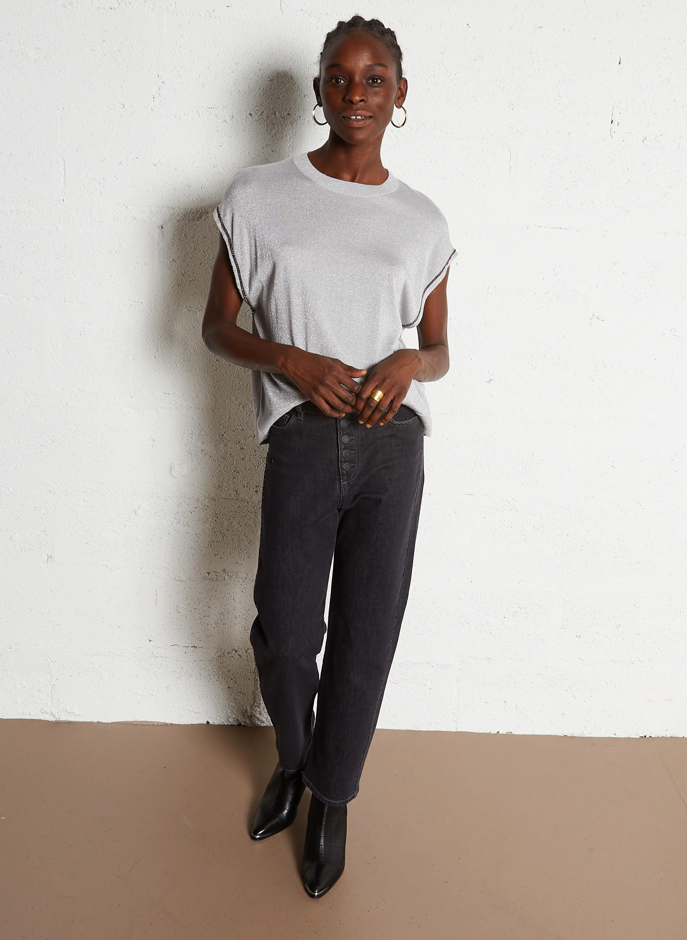 Jean droit taille haute en coton mélangé | Gris
