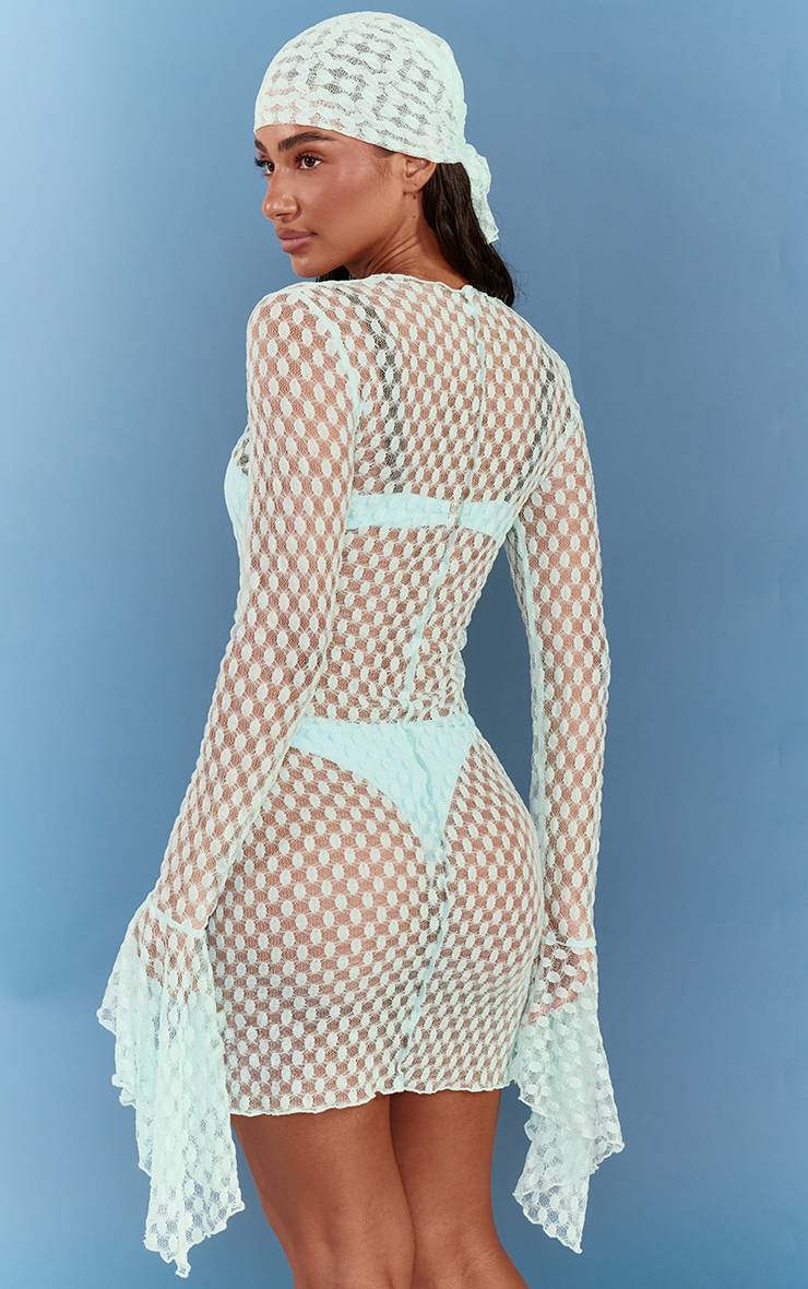 Bleu Aqua Robe De Plage Mini À Manches Évasées Transparentes Texturées
