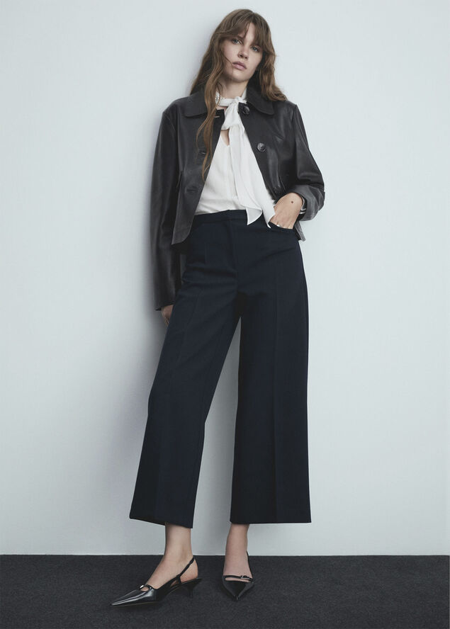 MANGO Wideleg pleated trousers Navy